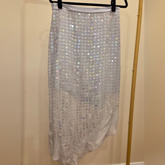 Cushnie High Waisted Sheer Skirt, Silk, Silver Asymmetrical Sequins Iridescent - Picture 3 of 9